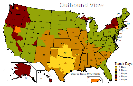 UPS shipping zone map of the United States