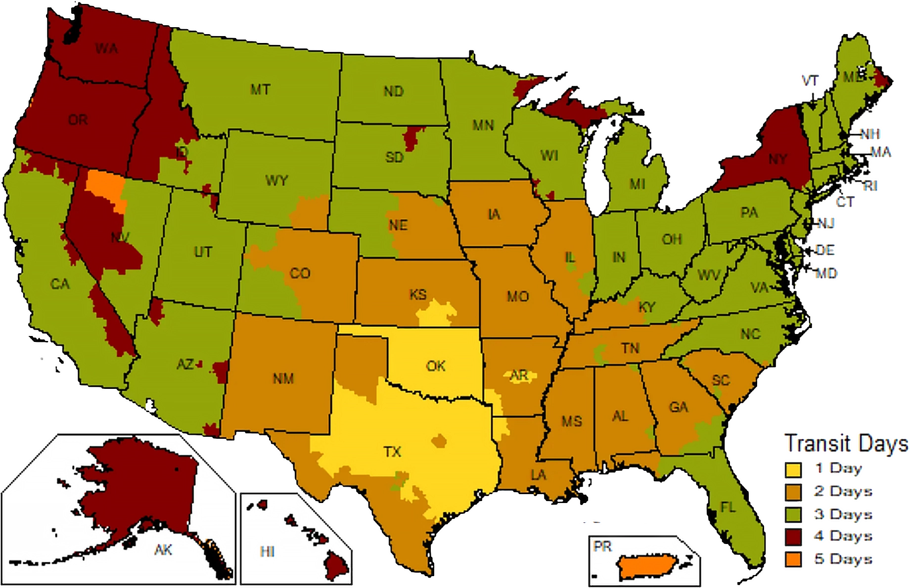 UPS shipping zone map of the United States