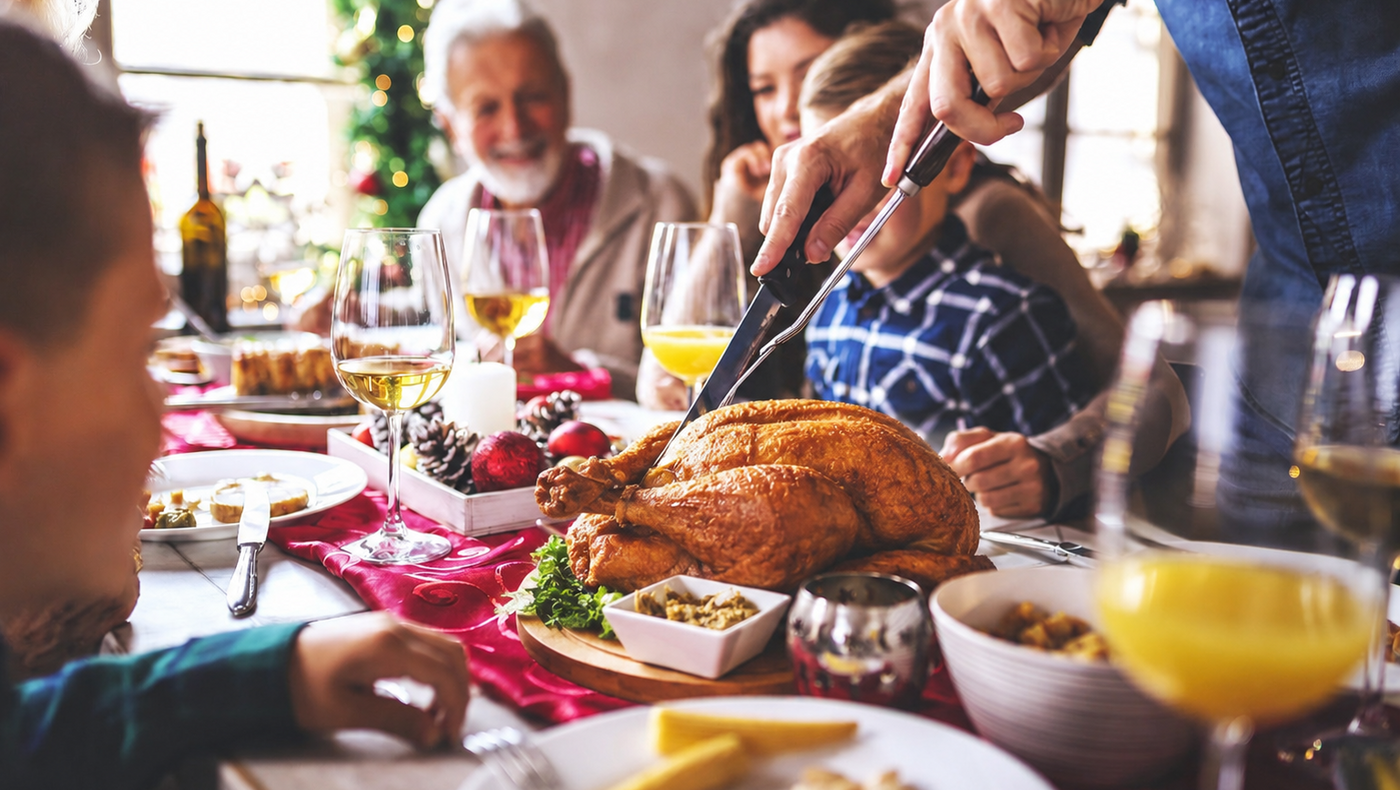 A whole golden Cajun turkey plated with grilled vegetables and citrus