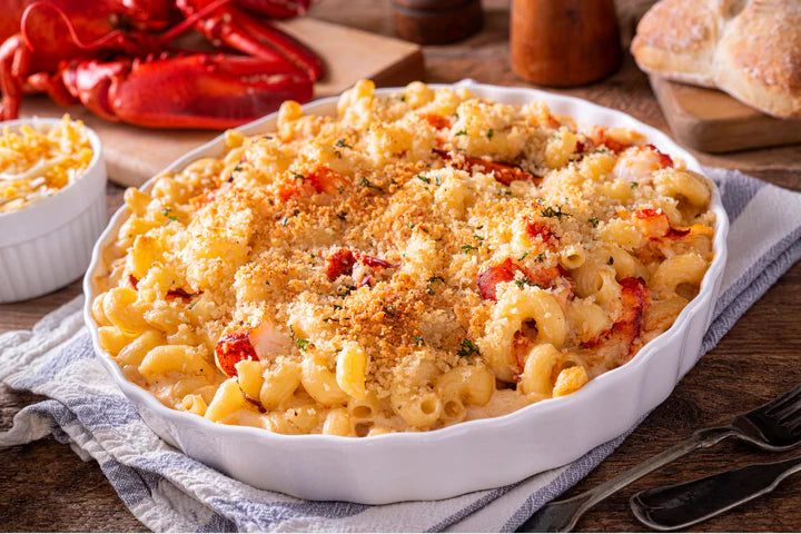 Lobster mac and cheese in baking dish