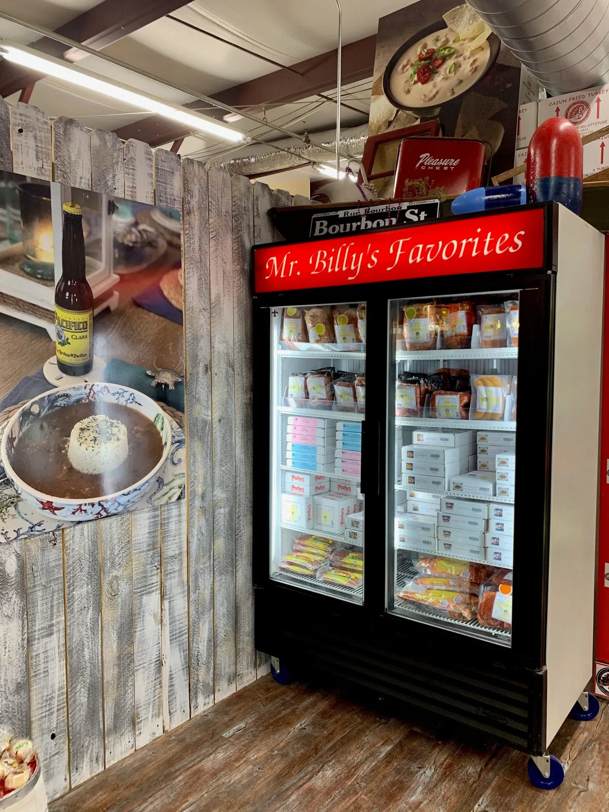 Freezer case of Mr. Billy's favorite Cajun foods