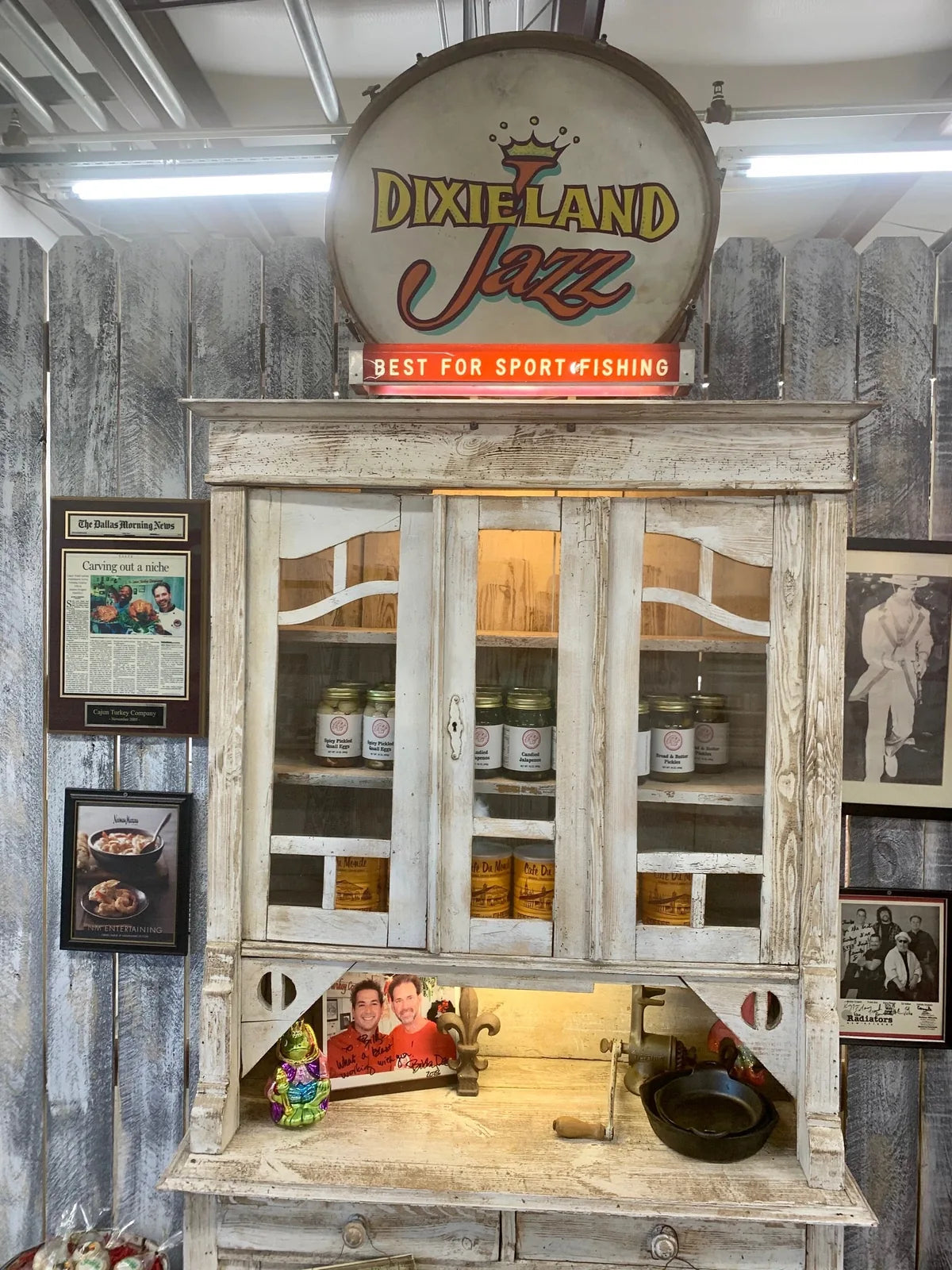 Dixieland Jazz cabinet with jarred Cajun goods